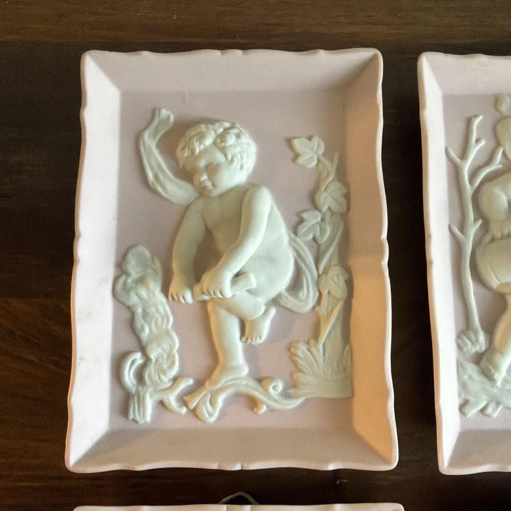 Full set of 4 Vintage Bisque wall plaques with white cherubs - Andrea by Sadek